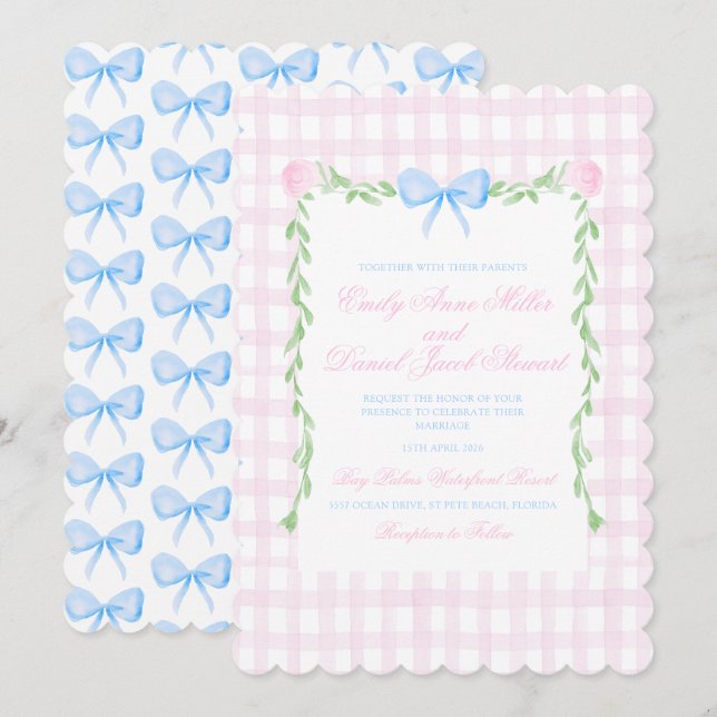 Preppy Floral Watercolor Bow Wedding Invitation (Front/Back)