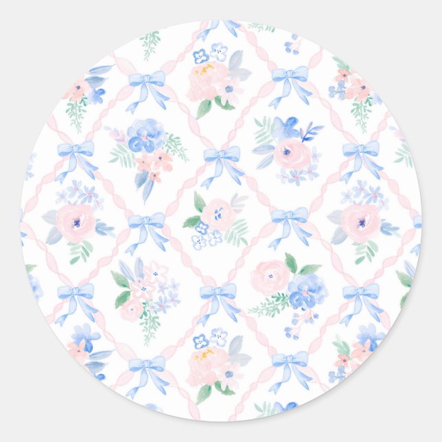 Preppy Floral watercolor ribbon bows Classic Round Sticker (Front)