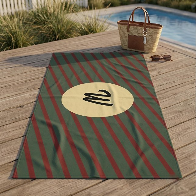 Preppy Forest Green & Burgundy Stripes Monogram Beach Towel (Creator Uploaded)