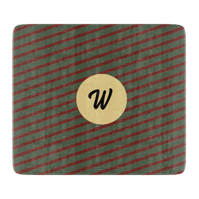 Preppy Forest Green & Burgundy Stripes Monogram Cutting Board (Front)