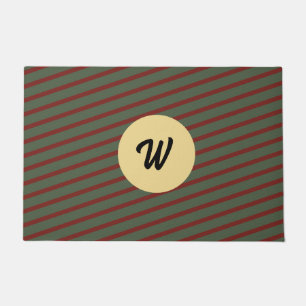Preppy Forest Green & Burgundy Stripes Monogram Doormat