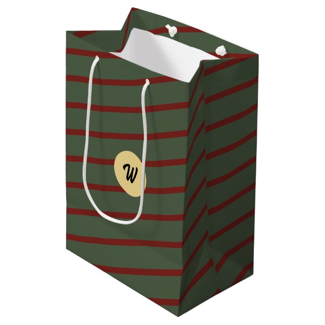 Preppy Forest Green & Burgundy Stripes Monogram Medium Gift Bag (Front Angled)