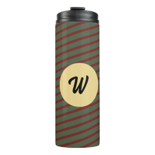 Preppy Forest Green & Burgundy Stripes Monogram Thermal Tumbler
