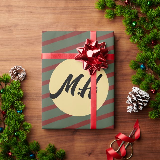 Preppy Forest Green & Burgundy Stripes Monogram Wrapping Paper (Holiday Gift)