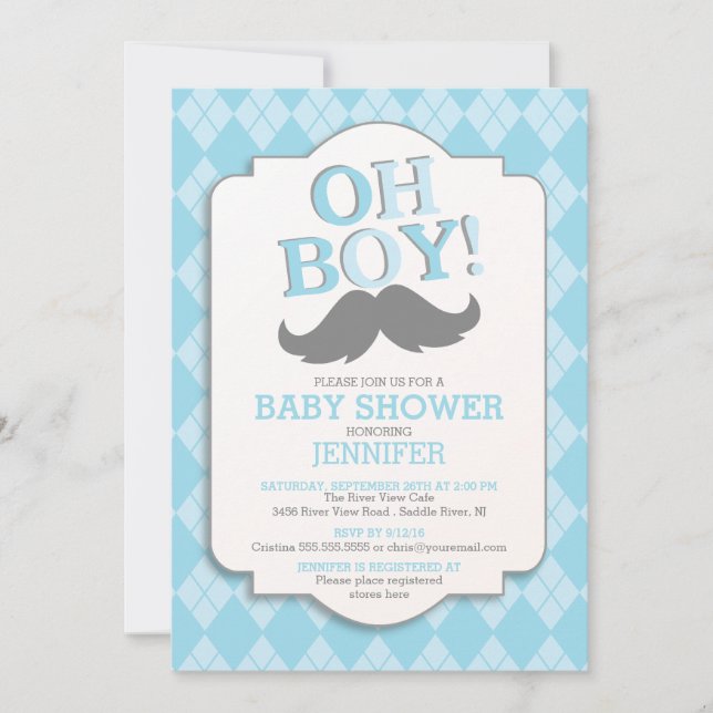 Preppy Fun OH BOY Moustache Baby Shower Invitation (Front)