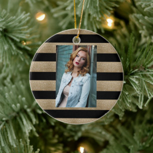 preppy geometric pattern black and gold stripes ceramic tree decoration