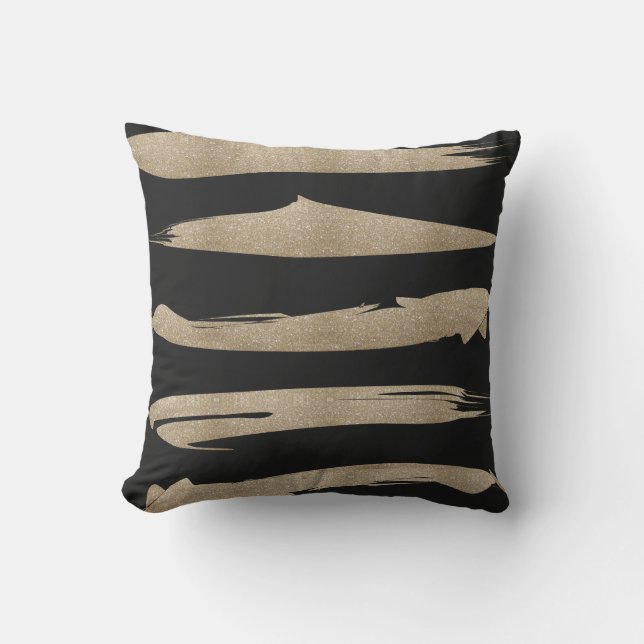 preppy geometric pattern black and gold stripes cushion (Front)