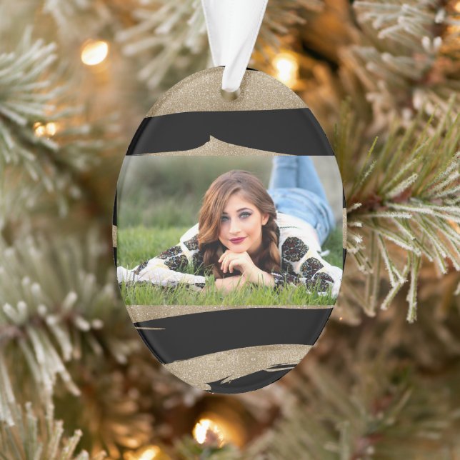 preppy geometric pattern black and gold stripes ornament (Tree)