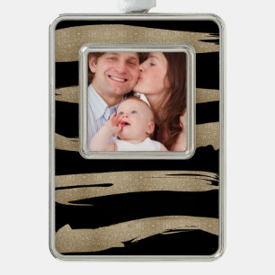 preppy geometric pattern black and gold stripes silver plated framed ornament