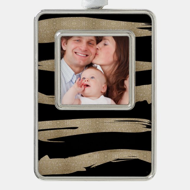 preppy geometric pattern black and gold stripes silver plated framed ornament (Front)