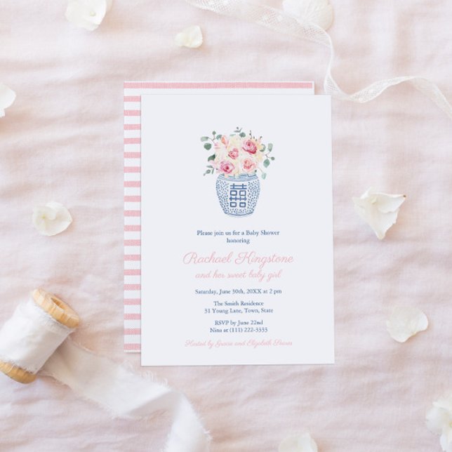 Preppy Ginger Jar Pink Florals Girl Baby Shower Invitation (Creator Uploaded)