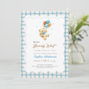 Preppy Gingham Bow Teddy Bear Baby Shower Invitation