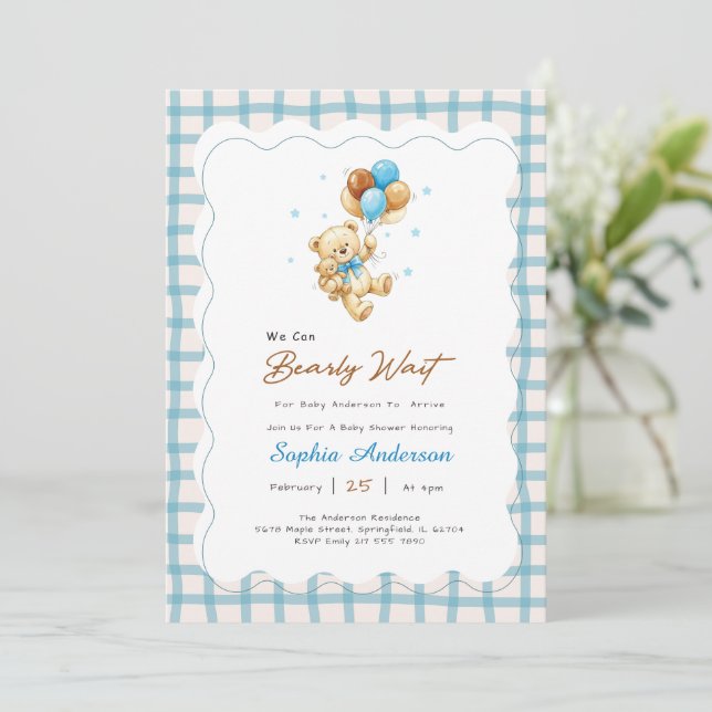 Preppy Gingham Bow Teddy Bear Baby Shower Invitation (Standing Front)