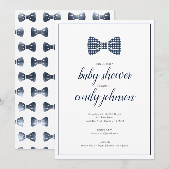 Preppy Gingham Bow Tie Baby Boy Shower Invitation (Front/Back)