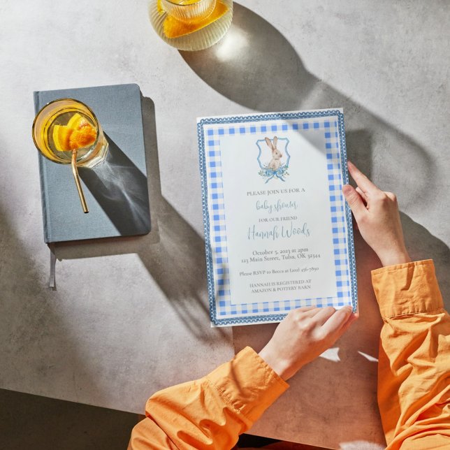 Preppy Gingham Bunny Baby Shower Invitation (Creator Uploaded)