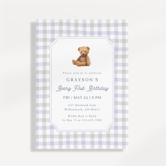 Preppy Gingham Teddy Bear Beary First Birthday Invitation (Creator Uploaded)