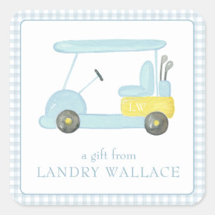 Preppy Gingham Watercolor Blue Monogram Golf Cart Square Sticker