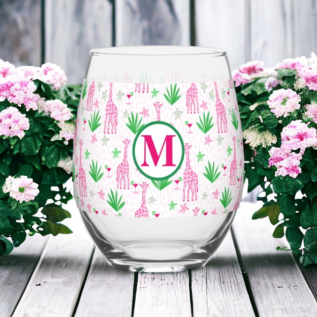 Preppy Giraffes Cosmopolitans Monogram  Stemless Wine Glass (Creator Uploaded)