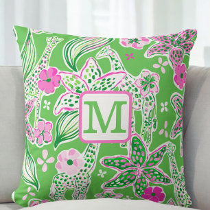 Preppy Giraffes Lily Monogram / Green Pink Floral Cushion