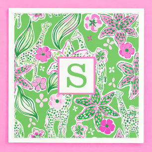 Preppy Giraffes Lily Pink Green Monogram Napkin