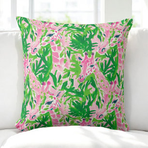 Preppy Giraffes Pink Green Tropical Cushion