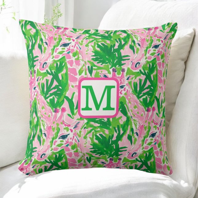 Preppy Giraffes Pink Green Tropical Monogram Cushion (Creator Uploaded)