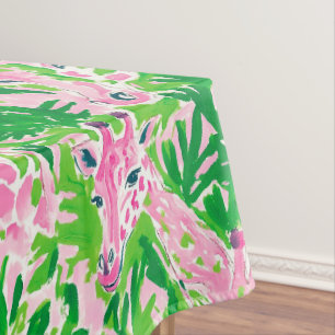 Preppy Giraffes Pink Green Tropical Tablecloth