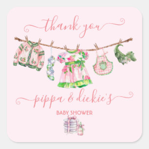 Preppy Girl clothesline Baby Shower Square Sticker