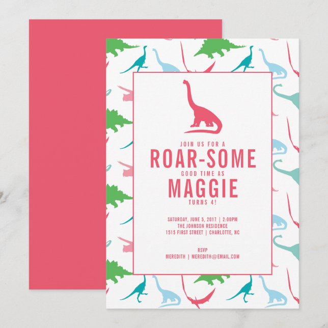 Preppy Girl Dinosaur Birthday Party Invitation (Front/Back)