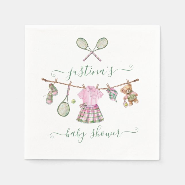 Preppy Girl Tennis Baby Shower Clothesline Napkin (Front)