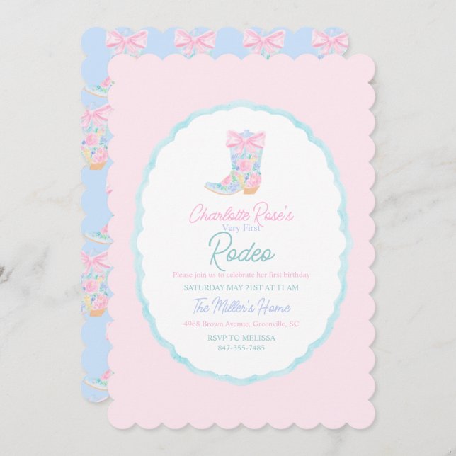 Preppy Girls Cowgirl First Rodeo Birthday Invitation (Front/Back)