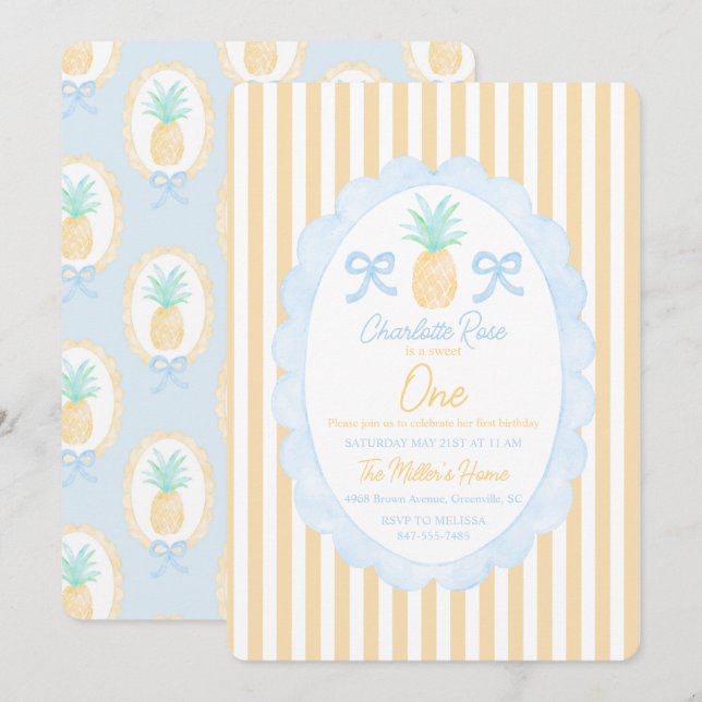 Preppy Girls Summer Pineapple First Birthday Invitation (Front/Back)