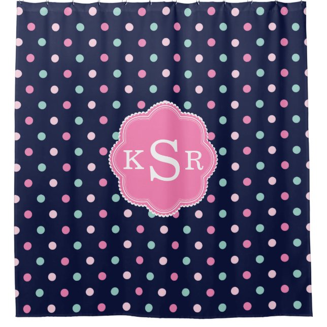 Preppy Girly | Navy Pink Aqua Dots Personalised Shower Curtain (Front)