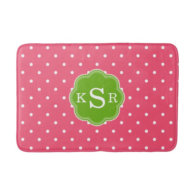 Preppy Girly | Watermelon Pink Green Dots Custom Bath Mat (Front)