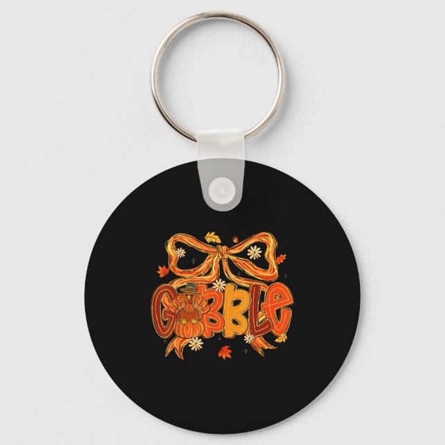 Preppy Gobble Coquette Bow Turkey Thanksgiving Fal Key Ring (Front)