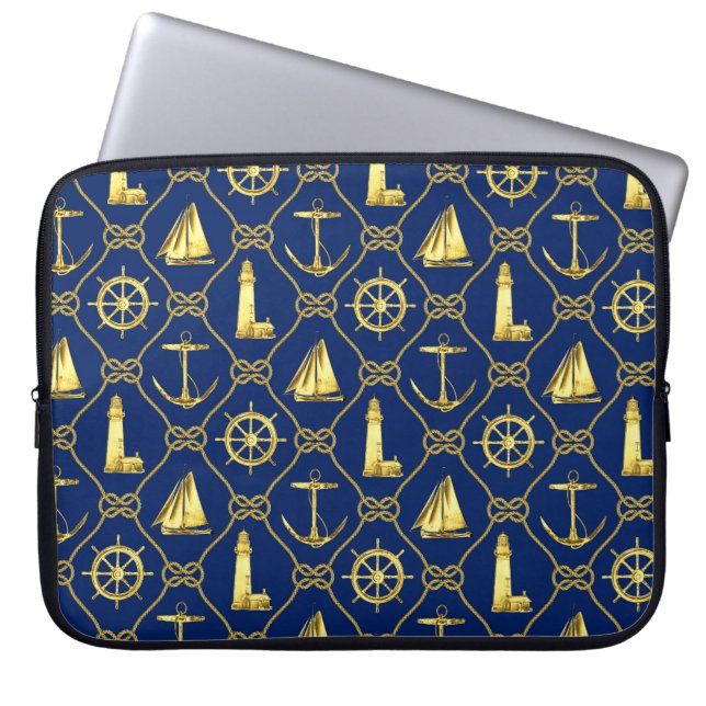 Preppy Gold and Blue Nautical Rope Anchor Sailboat Laptop Sleeve (Front)
