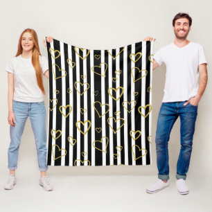 Preppy Gold Hearts Stripe Pattern Fleece Blanket