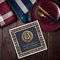 Preppy Gold Horseshoe Monogram Blue Baby Shower