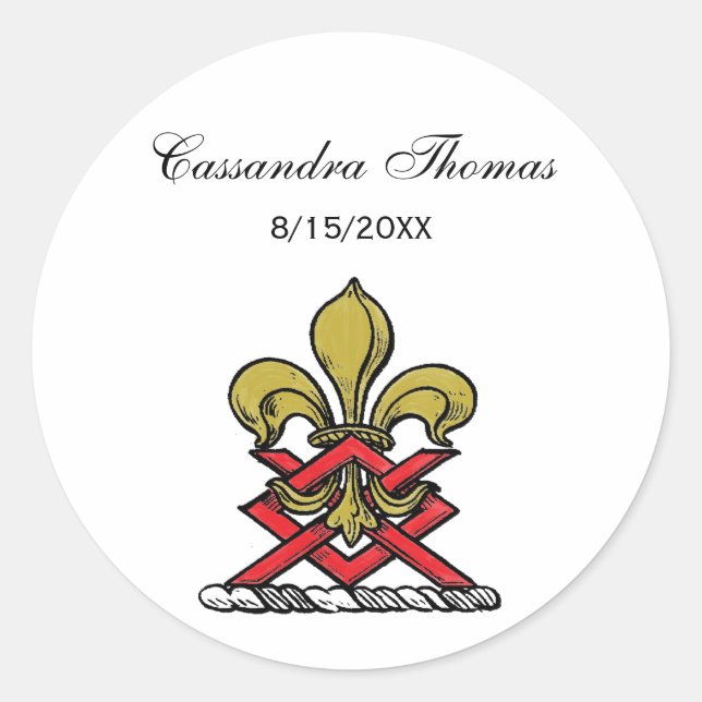 Preppy Gold Red Heraldic Crest Fleur de Lis Emblem Classic Round Sticker (Front)