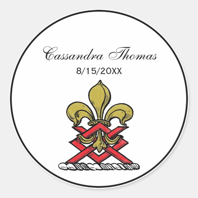 Preppy Gold Red Heraldic Crest Fleur de Lis Emblem Classic Round Sticker (Front)
