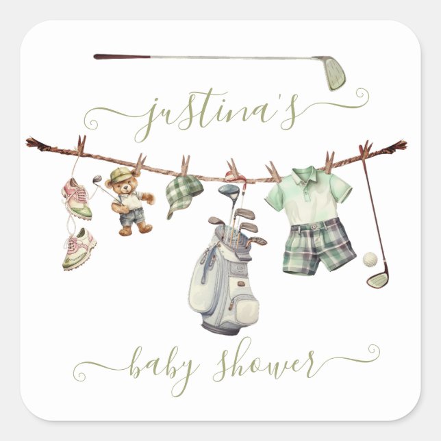 Preppy Golf Baby Shower Clothesline Square Sticker (Front)