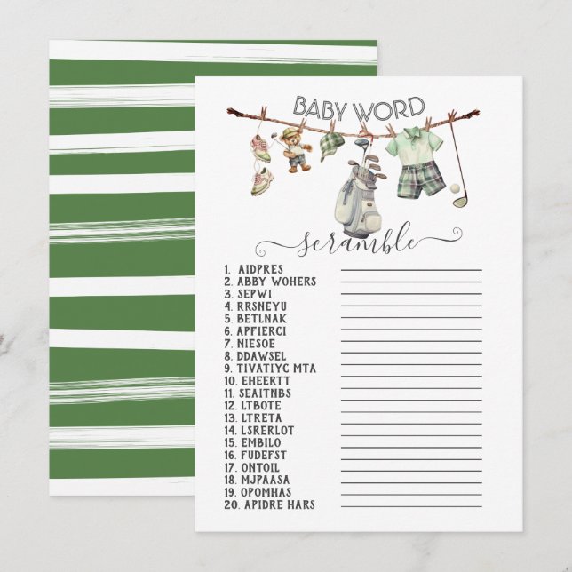 Preppy Golf Clothesline Baby Word Scramble Invitation (Front/Back)
