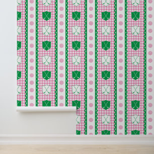 Preppy Golf Crest Gingham in Pink & Green Wallpaper