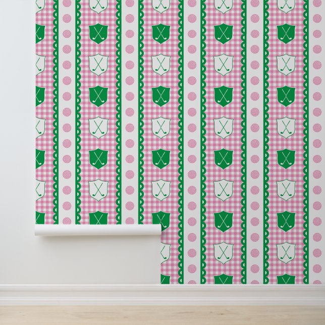 Preppy Golf Crest Gingham in Pink & Green Wallpaper (Application)
