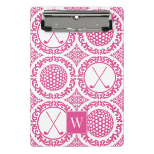 Preppy Golf Damask - Balls & Clubs - Hot Pink Mini Clipboard
