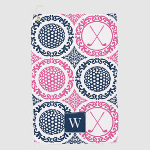 Preppy Golf Damask - Balls & Clubs - Navy Hot Pink Towel