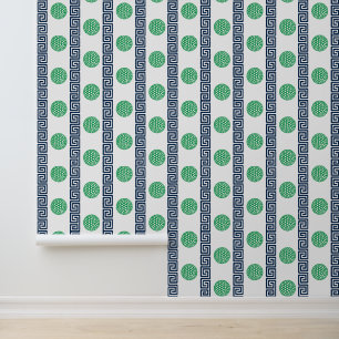 Preppy Golf Greek Key Stripe in Navy & Green Wallpaper