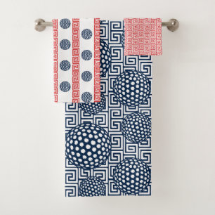 Preppy Golf Greek Key Stripe in Navy & Red Bath Towel Set