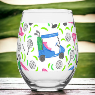 Preppy Golf Pink Blue Golf Cart Pattern Stemless Wine Glass