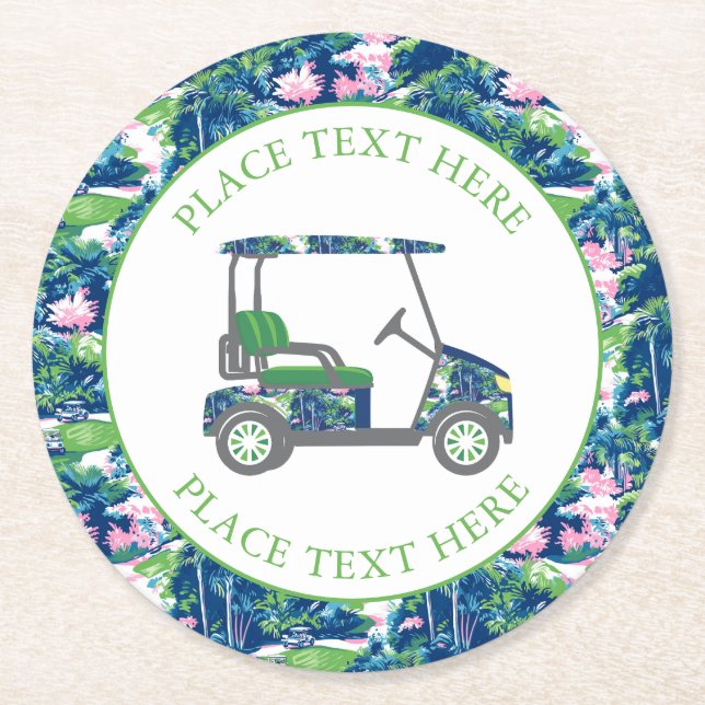 Preppy Golf Print Golf Cart Round Paper Coaster (Front)